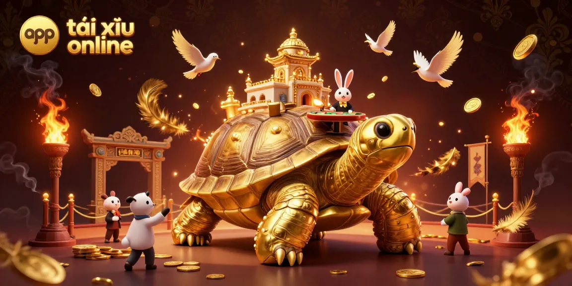 Play app tài xỉu online with the golden turtle casino, featuring vibrant coins and a rabbit dealer.