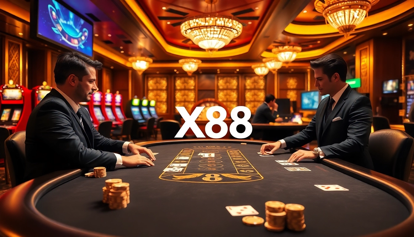 High-stakes blackjack game at a luxurious casino featuring X88 logo on the table.