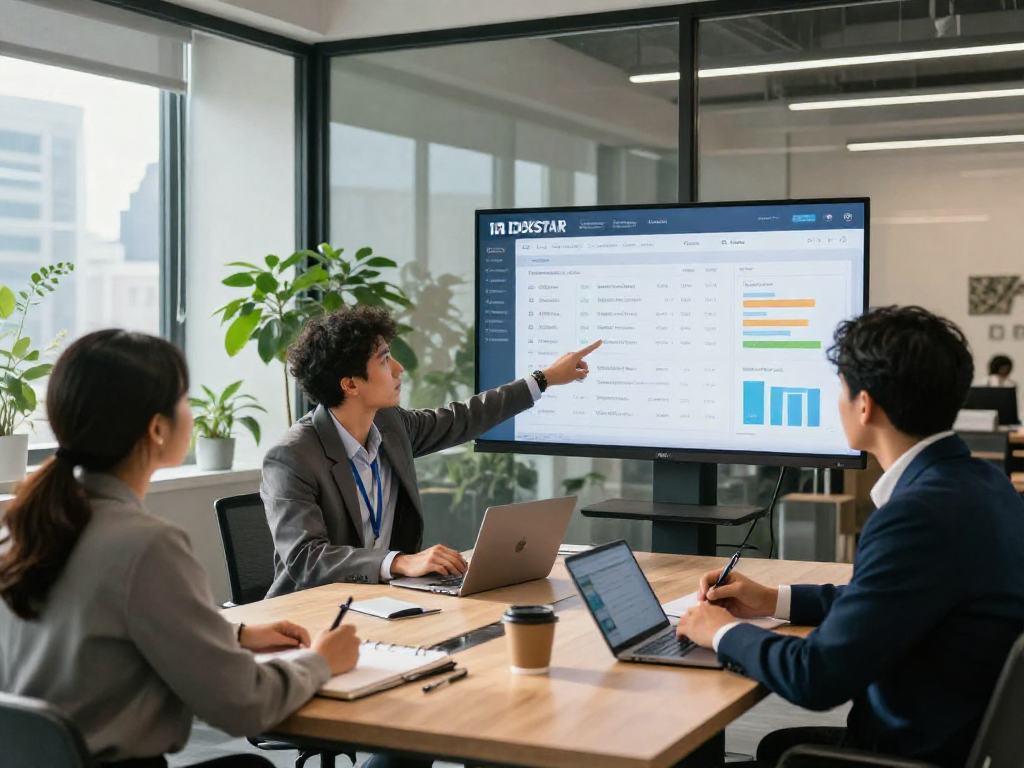 Real estate professionals collaborating using IDXSTAR software in a modern office.
