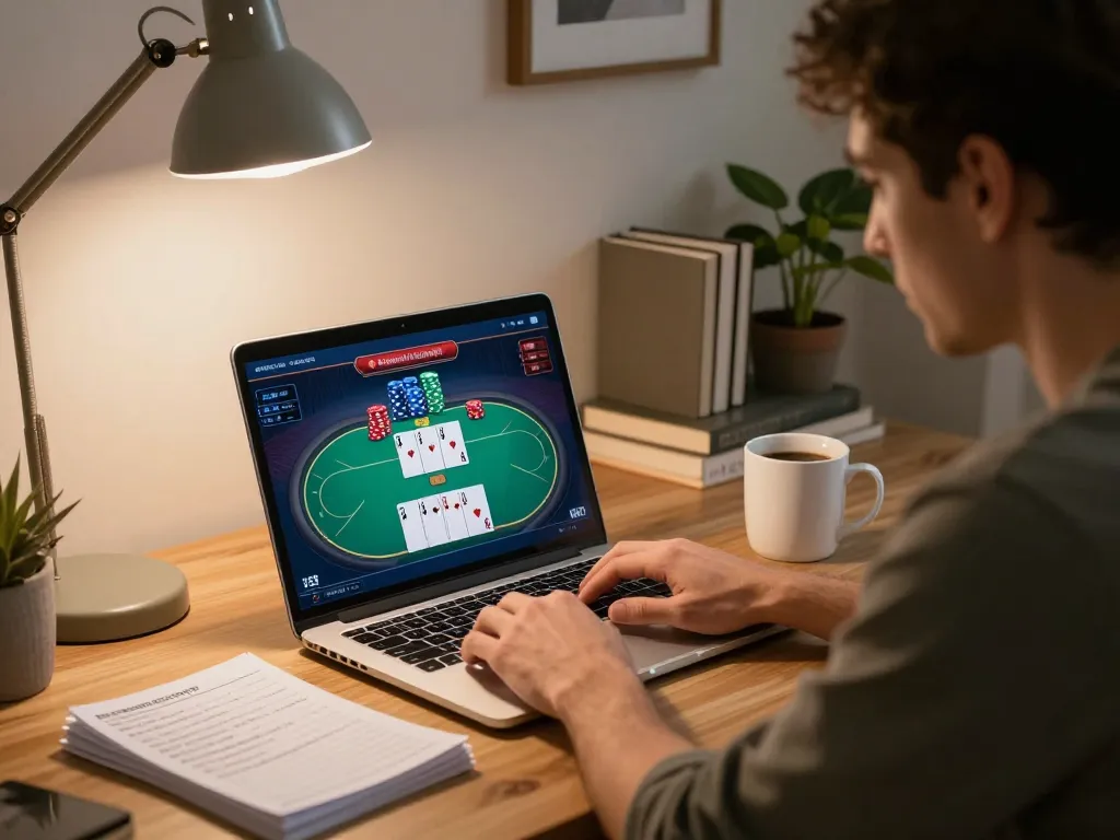 Play poker online with LC88 on a cozy home setup, showcasing strategic gameplay on a laptop.
