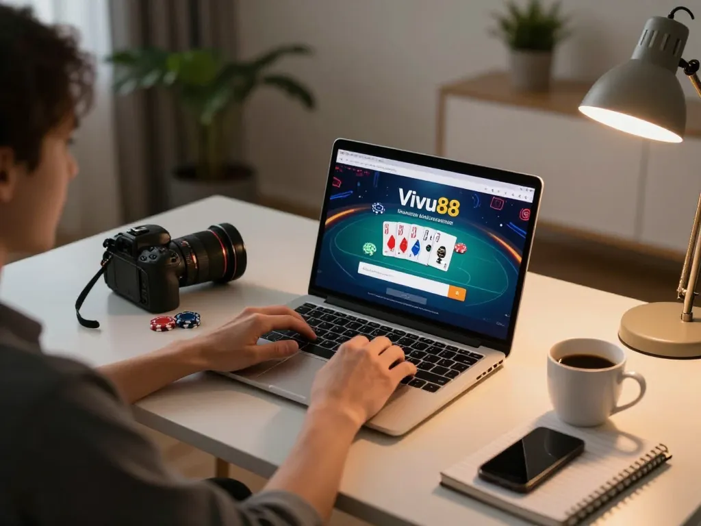 Engaging user with Vivu88 đăng nhập on laptop in a cozy home setting while strategizing online