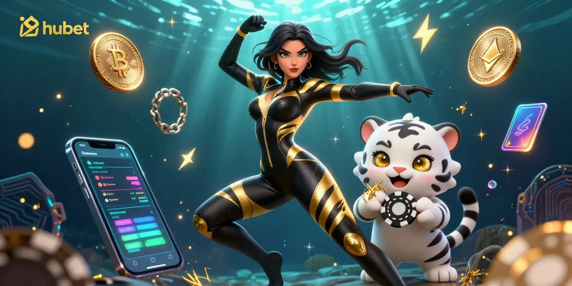 Betting at hubet with a stunning 3D character illustration amidst cryptocurrencies and casino elements.