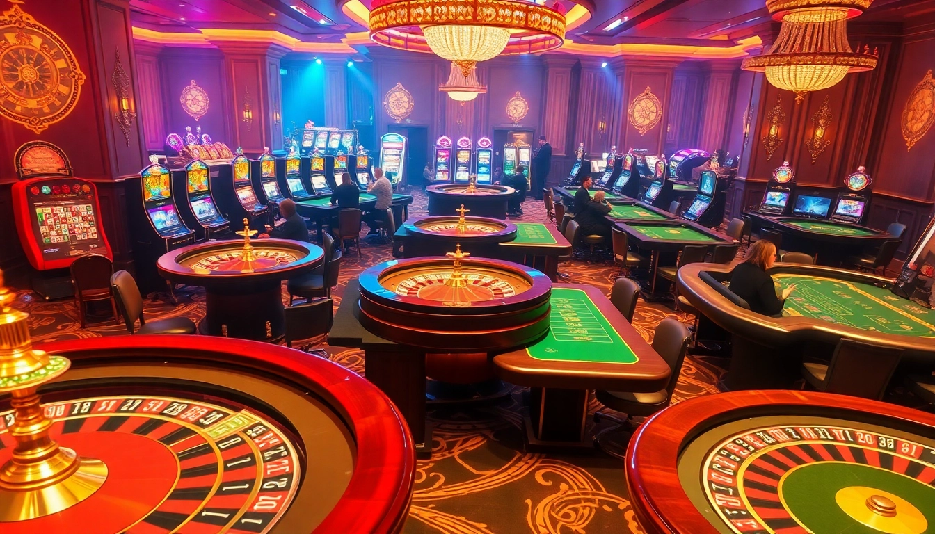 Gamble at Haywin's vibrant casino floor featuring roulette, poker, and slot machines.