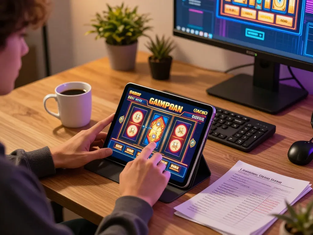 Engaging in slot gacor gampang menang gameplay on a tablet surrounded by strategic notes and a warm home atmosphere.