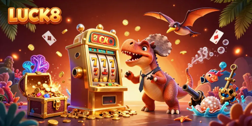 LUCK8 challenges luck with a pachycephalosaurus headbutting a slot machine while golden coins rain down.