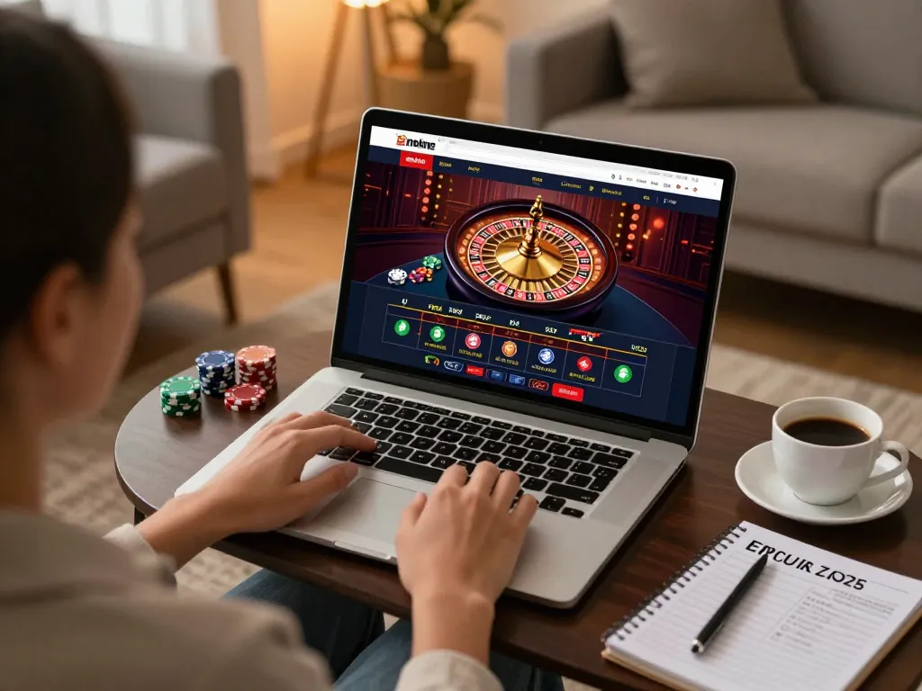 Player enjoying online casino gaming at home with 123B, digital roulette displayed on laptop screen.