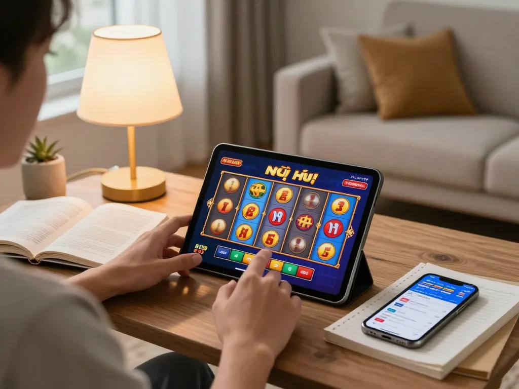 Nổ hũ gameplay on tablet, vibrant slot reels displayed, strategy notes beside smartphone.