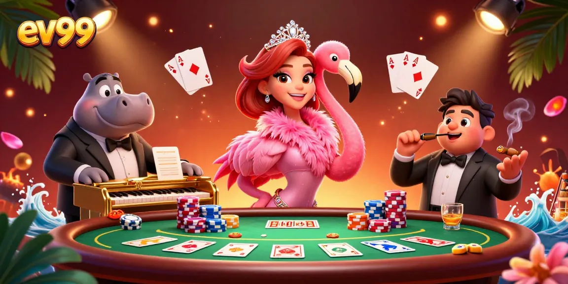 Experience the vibrant energy of ev99 with animated casino characters and exciting poker elements.