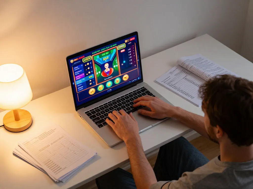 Engaging gameplay on 78wingo's online slots and poker interface, showcasing a cozy home setup.