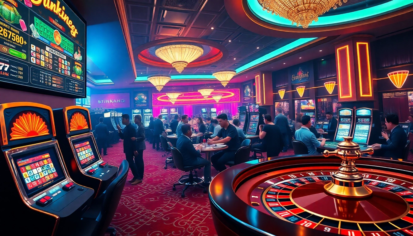 Experience excitement at NK88 with colorful poker chips and vibrant slot machines in a luxury casino setting.