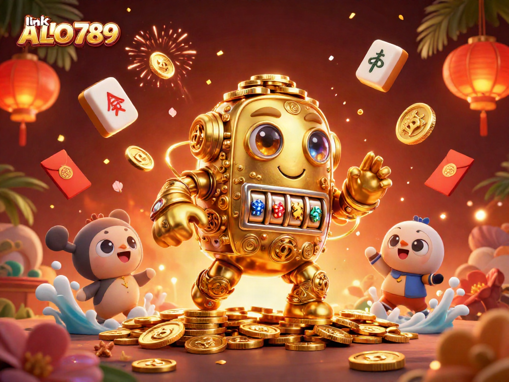 Spin and win at link ALO789 with a vibrant illustration of a golden golem and energetic casino elements.
