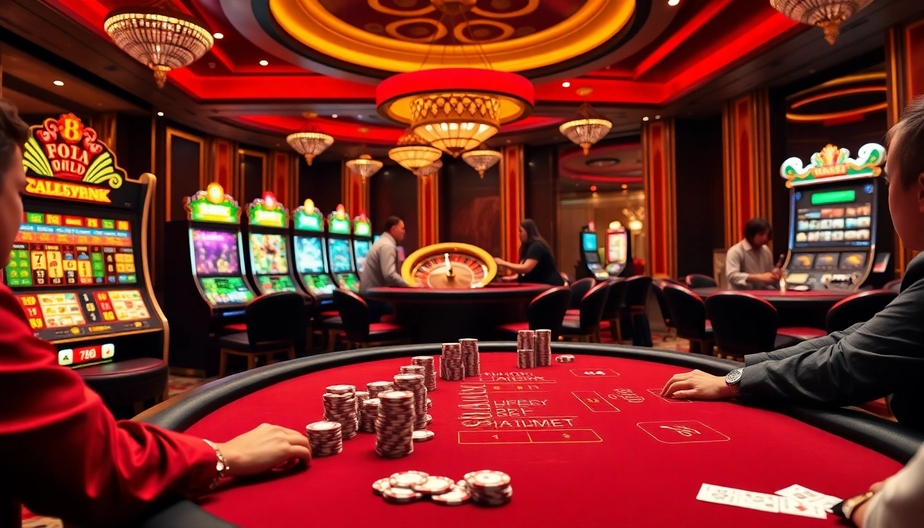 Experience thrilling gaming with tg88 đăng nhập at an elegant casino featuring poker tables and vibrant slot machines.
