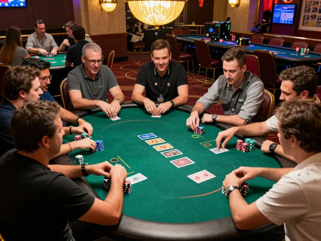 Players strategizing in a high-stakes poker game at a Vegas casino with DA88 excitement