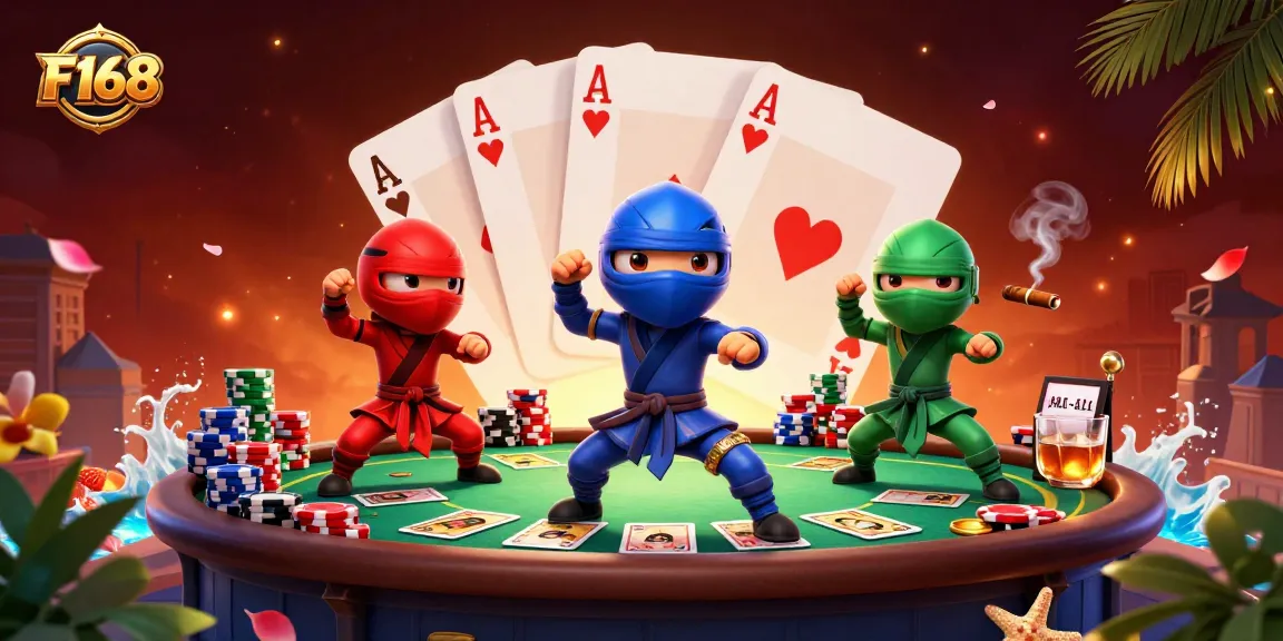 Engage in thrilling games at F168 with vibrant visuals of chameleon ninjas battling on a poker table