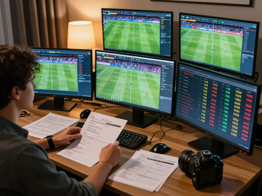 Engaging in Nhận định kèo for sports betting strategy while analyzing goal statistics on screen.