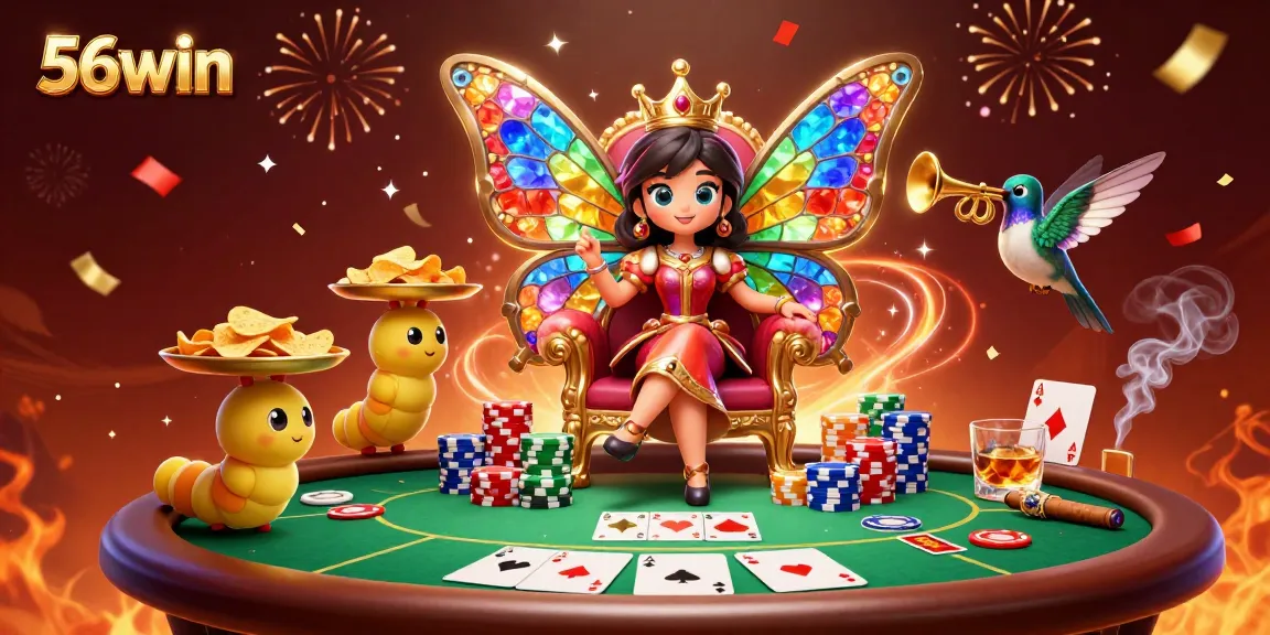 Engage in thrilling bets at 56win with a dazzling illustration of a butterfly queen in a vibrant casino.