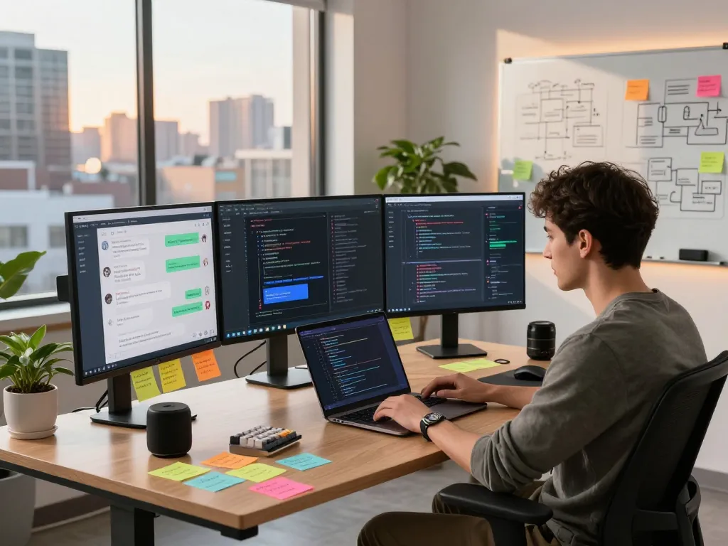 MoltBot AI in action on multiple screens in a modern developer workspace, showcasing seamless integration across messaging apps.