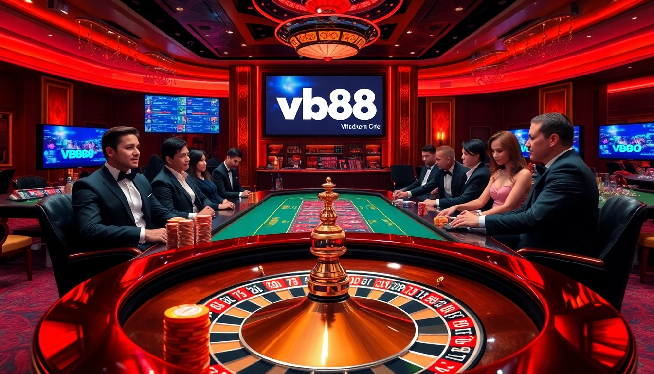 Experience the excitement of gambling at vb88 with poker chips and a live roulette table in a luxurious casino setting.