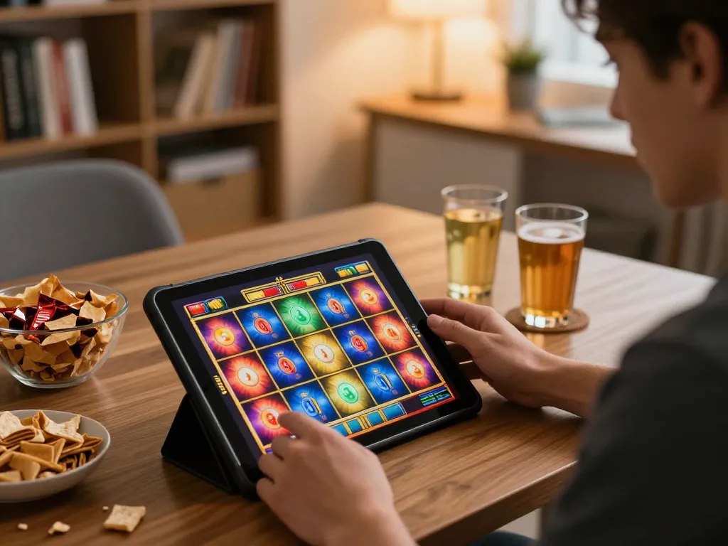 Sunwin player enjoying thrilling online slot game on tablet, captivated by exciting graphics and home ambiance