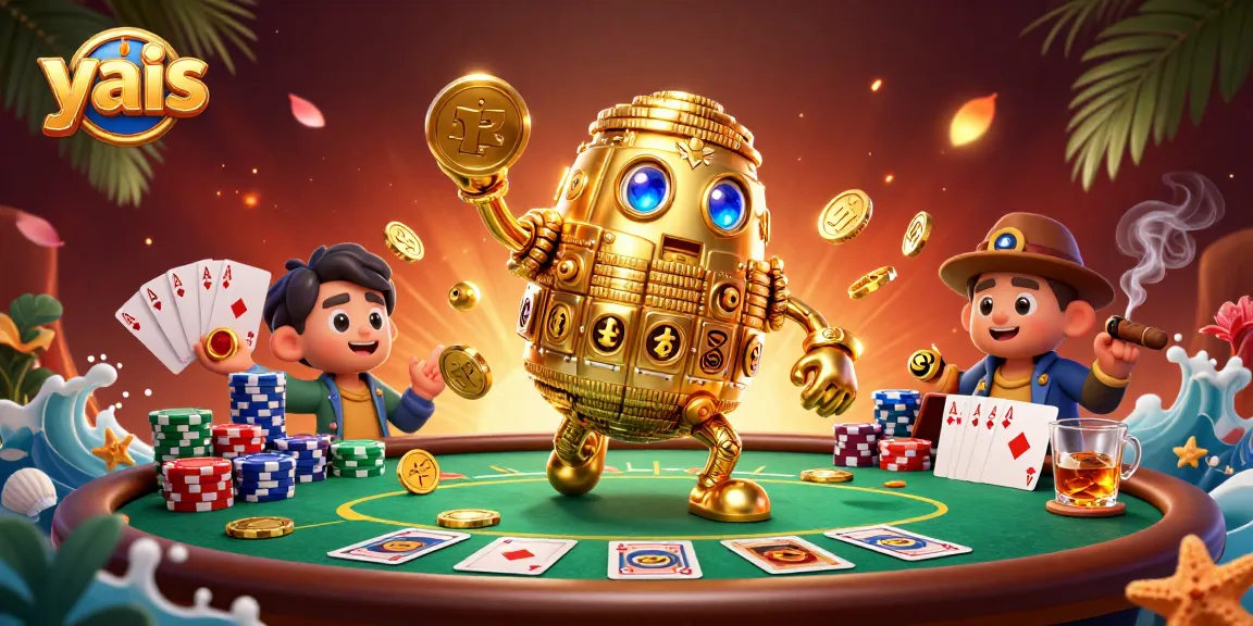 Play exciting casino games with yais, featuring a golden golem amidst poker elements.