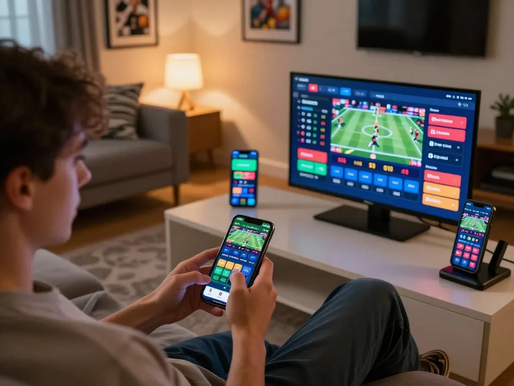 Player enjoying trang chủ DN88 mobile sports betting in a cozy living room