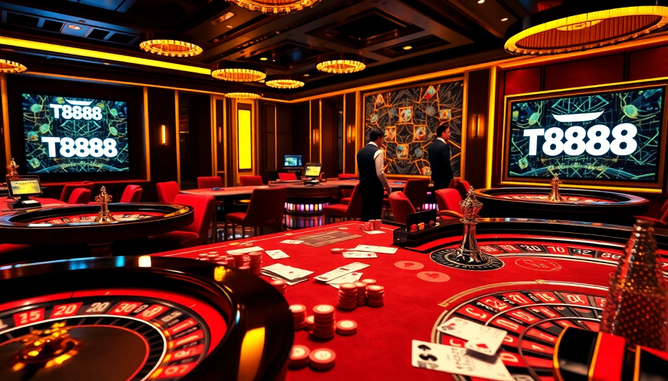 A vibrant casino scene featuring high-stakes gaming with TV888 branding, luxurious decor, and dynamic gameplay.