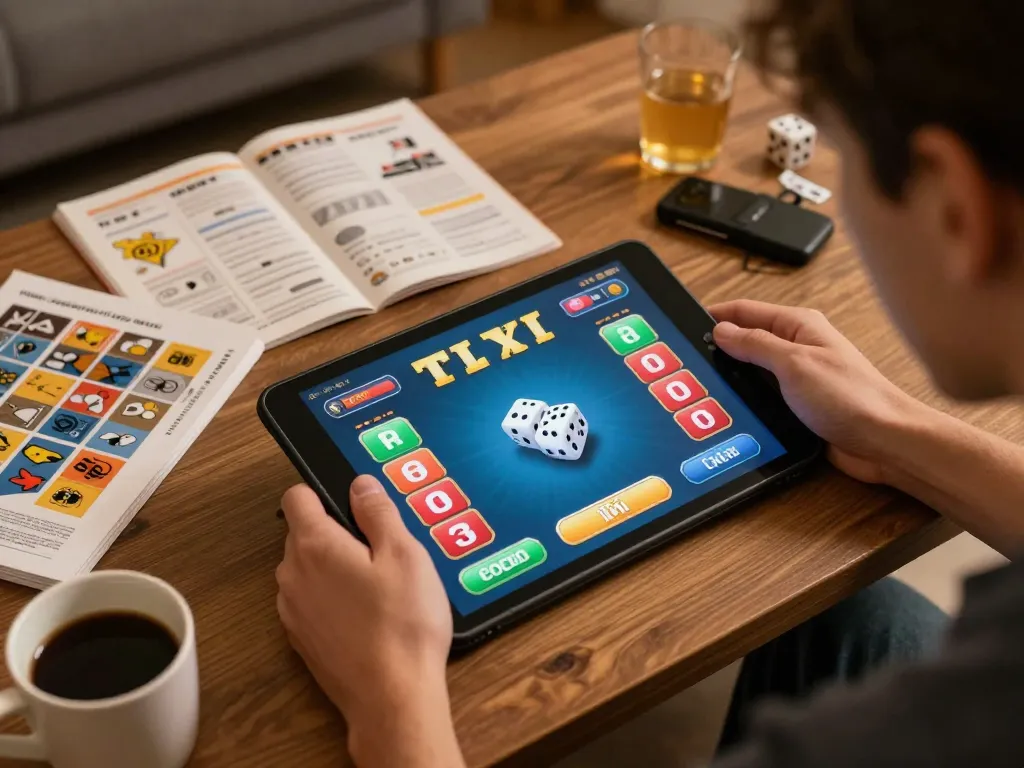 Tài Xỉu gameplay on tablet during a cozy home gaming session, displaying exciting dice results.