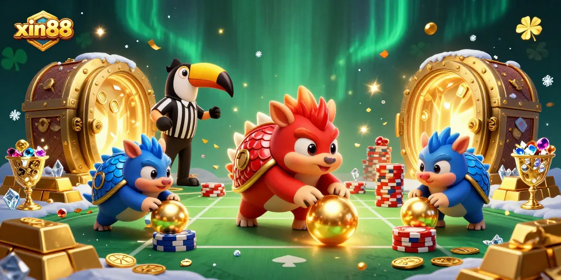 Engage with xin88's thrilling 3D casino action featuring rival pangolins bowling through poker chips.