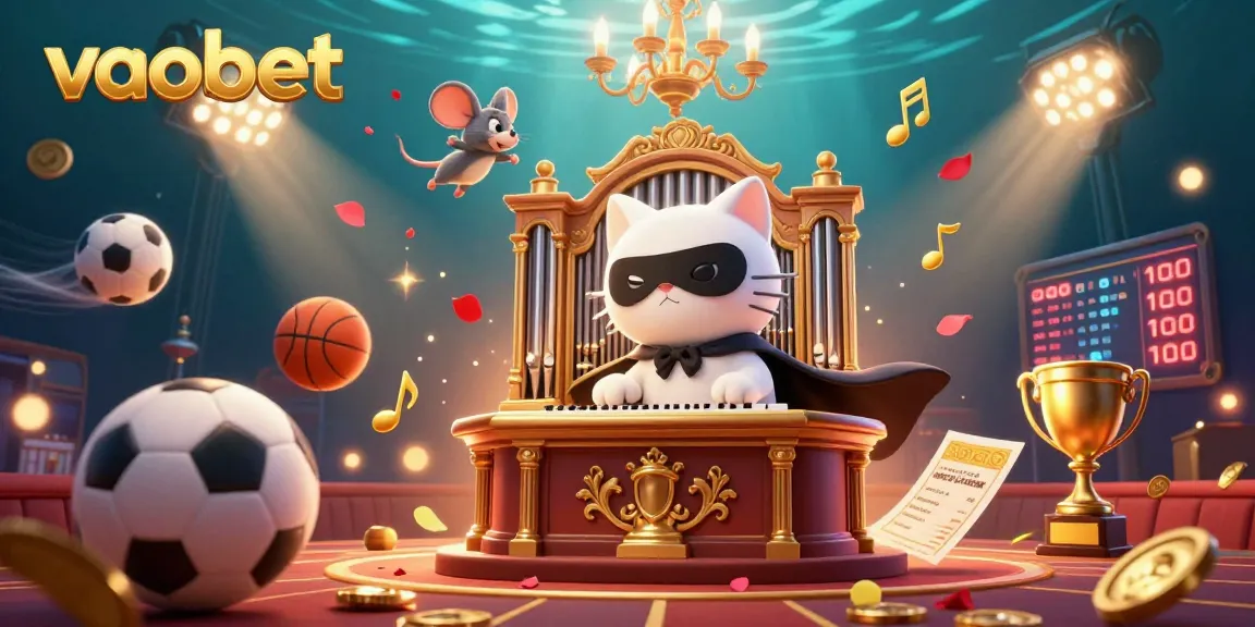 Engage with vaobet in a vibrant casino scene featuring dynamic sports elements and an enchanting phantom cat.