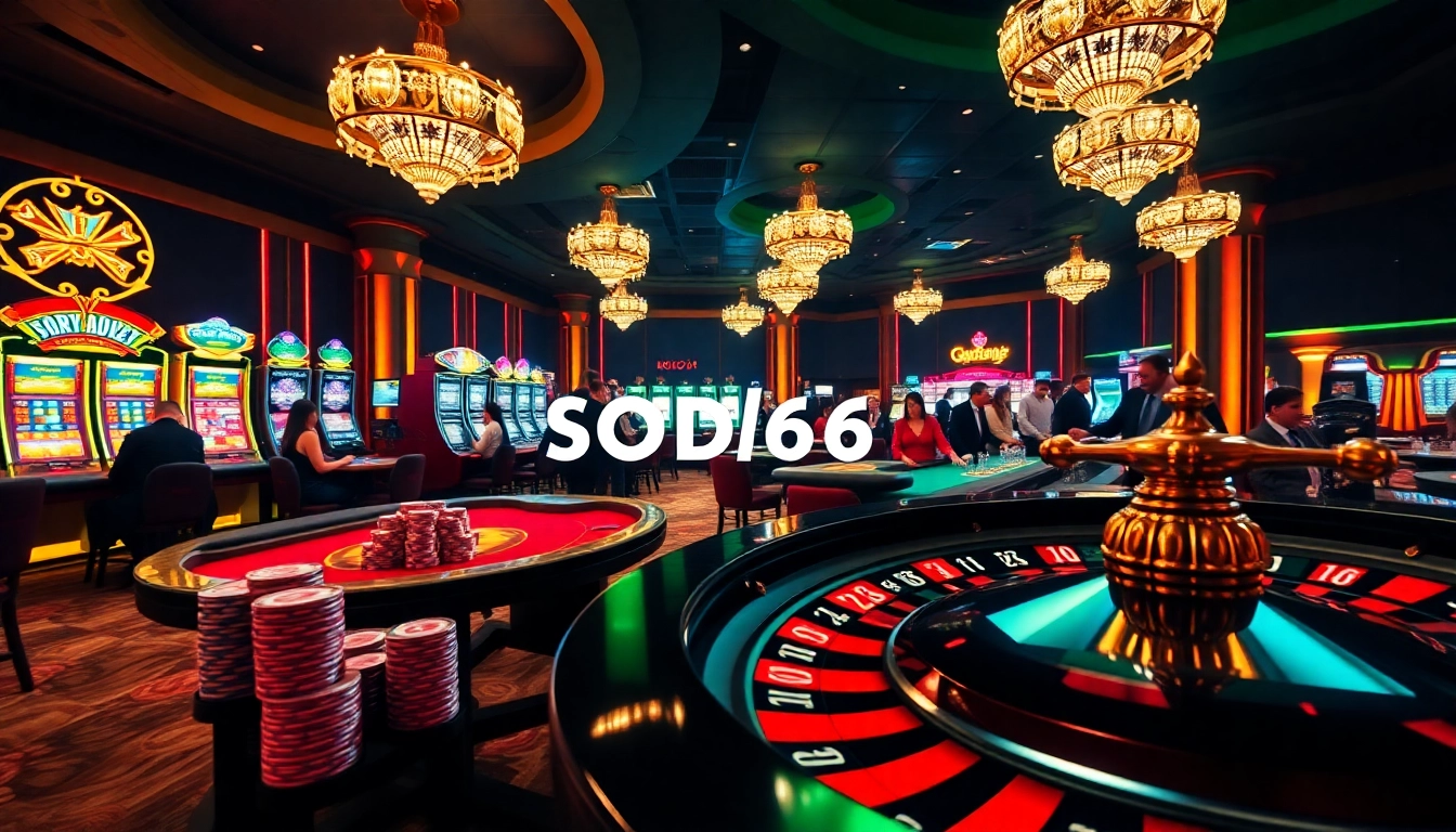 SODO66 casino scene with vibrant gaming tables and excited players experiencing online gambling.