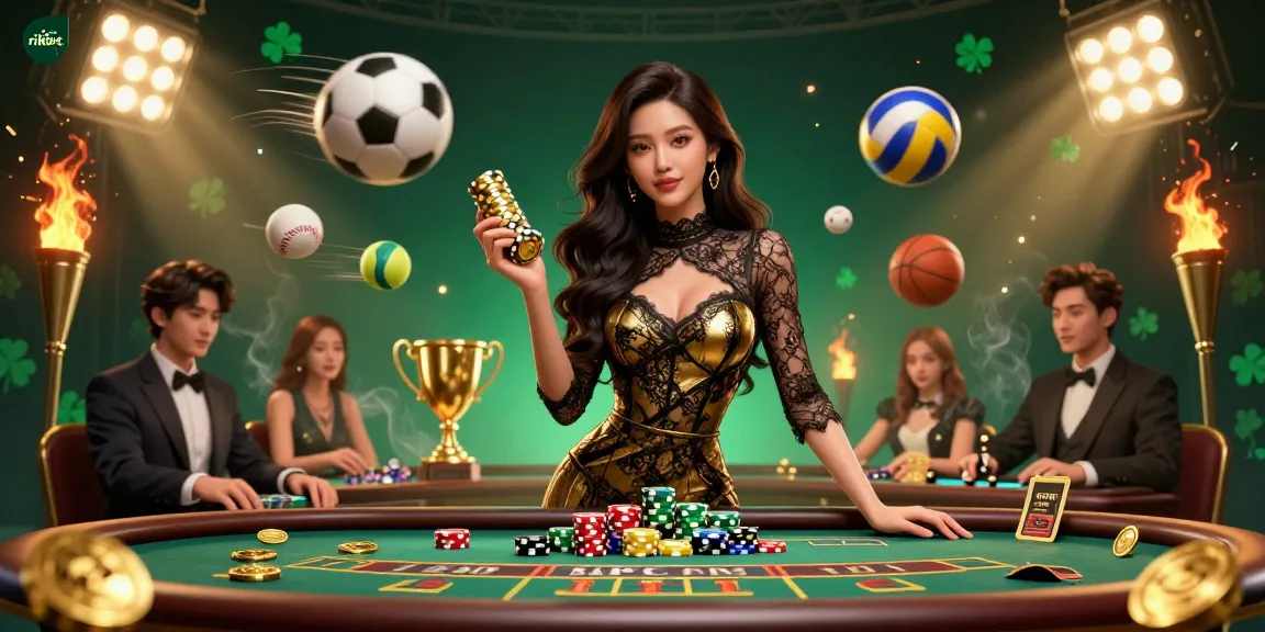 Experience the thrill at rikbet's VIP baccarat table with glamorous players and dynamic sports elements.