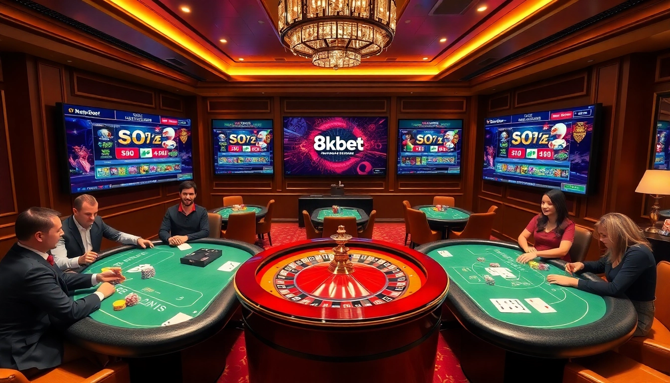 Gameplay and excitement at 8kbet with immersive casino visuals, slot machines, and betting tables.