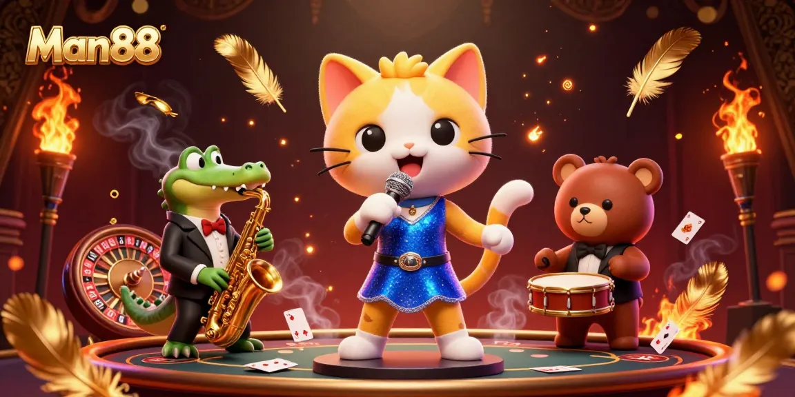 Join the excitement at Man88 with a party featuring a jazz-singer cat, saxophone crocodile, and bear cub on stage.