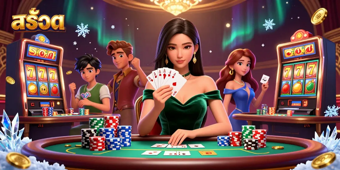Engage in thrilling สล็อต gaming at a luxurious poker table, combining strategic plays with vibrant visuals.