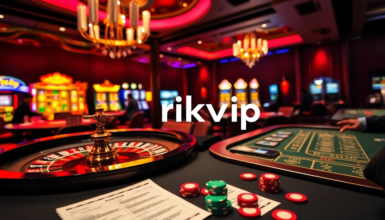Players enjoy an exciting experience at the rikvip casino with vibrant roulette and poker tables.