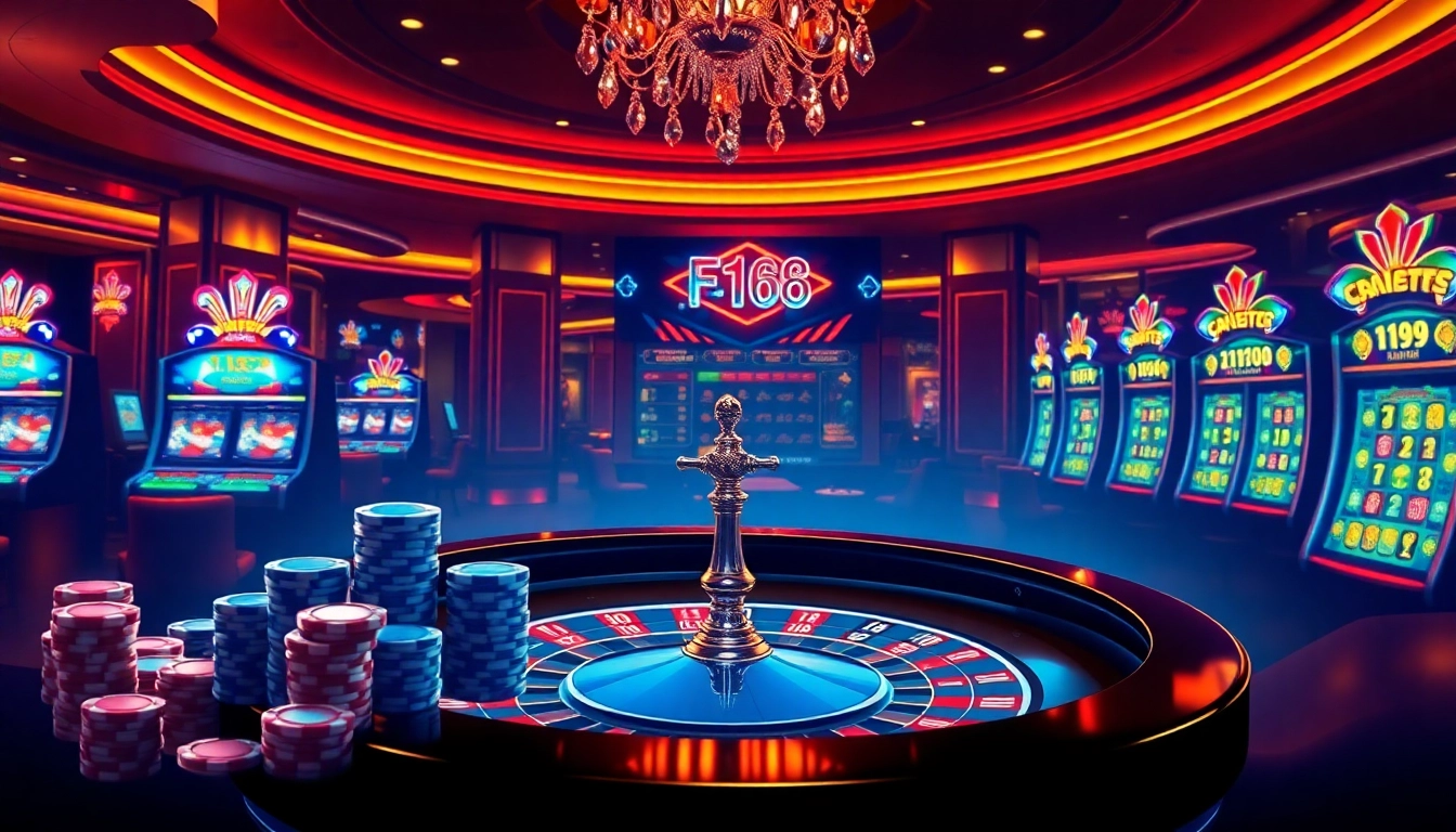 The thrilling online gambling experience at https://f168.sarl/ showcasing poker chips and slot machines.