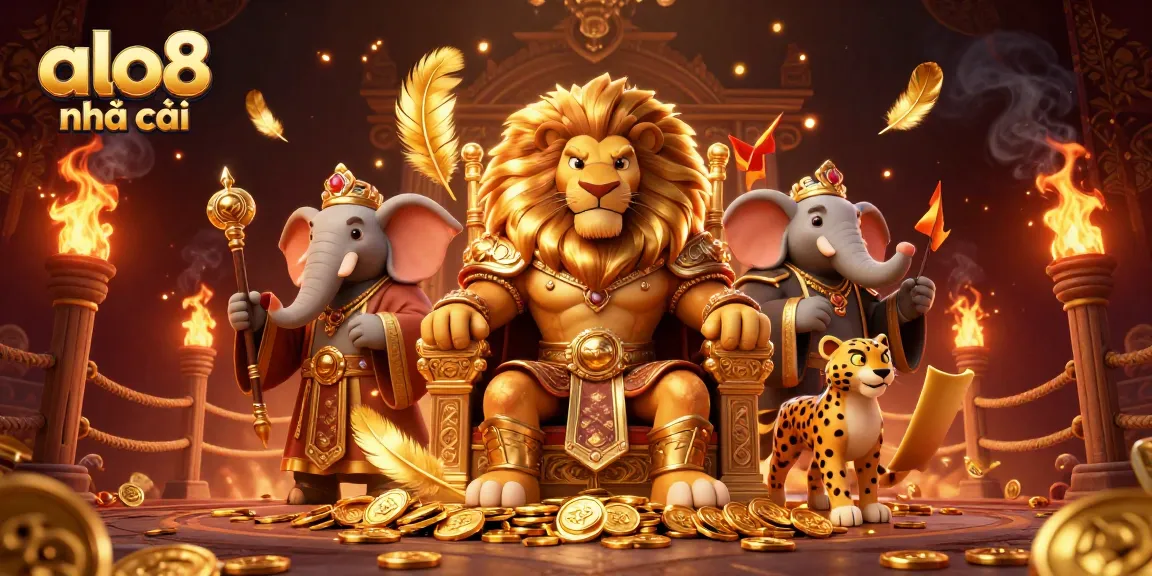 Experience the excitement at alo8 nhà cái with a dynamic 3D scene featuring a lion king and games.