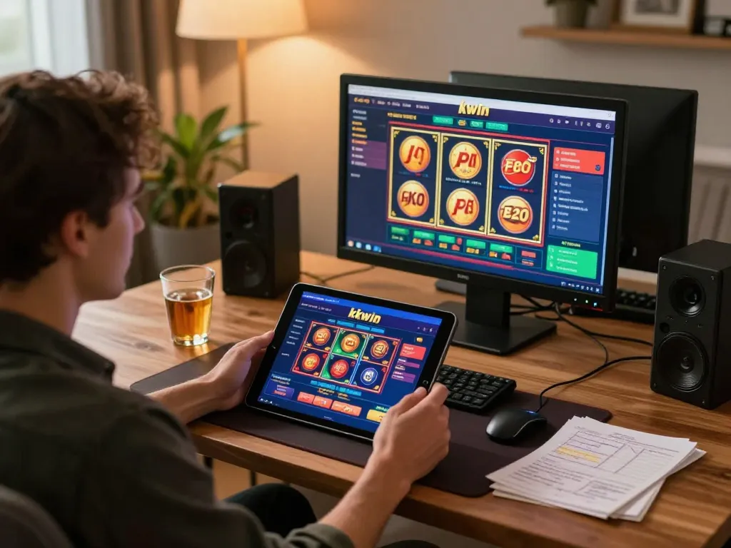 Person engaged with kkwin casino on a tablet, showcasing dynamic online gambling experience.