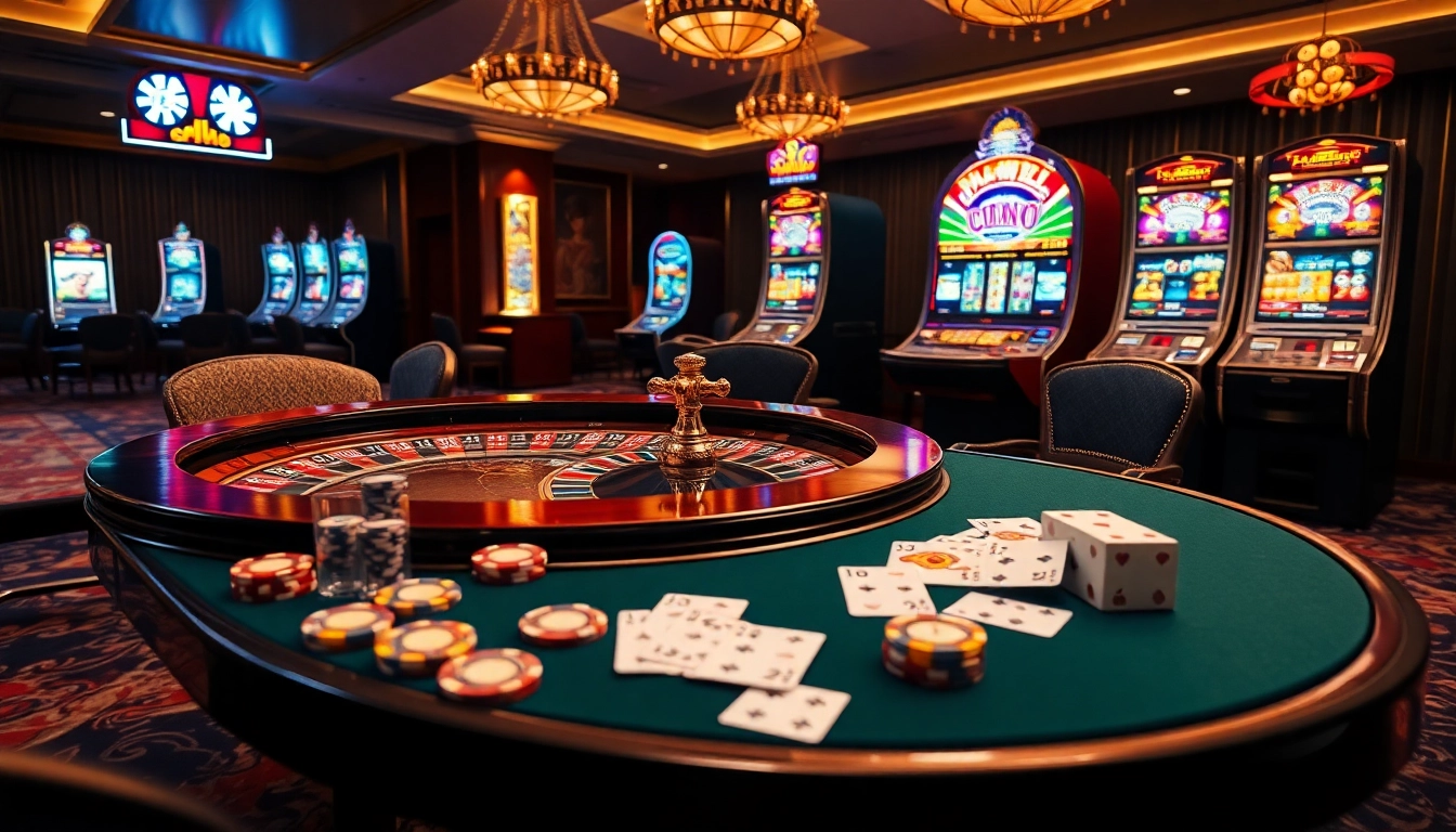 Experience high-stakes betting action at THABET casino with vibrant slot machines and poker chips.