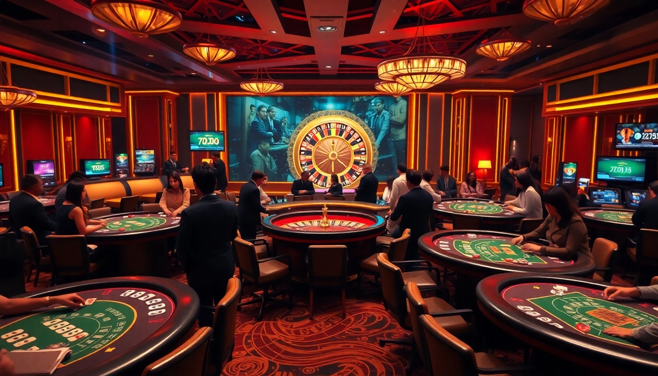 Experience the thrilling kim88 game with players at luxurious casino tables and engaging slot machines.