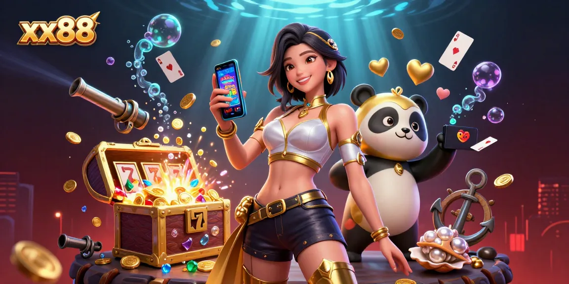 Engage with the vibrant xx88 online casino experience featuring a joyful Asian woman and a playful panda mascot amidst dynamic gambling elements.