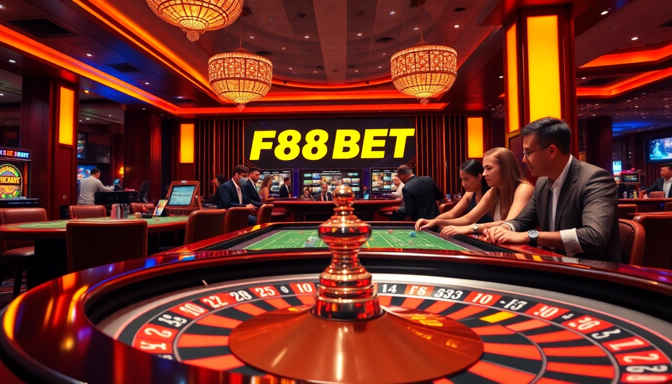 Experience the exhilarating games at F88BET with colorful casino tables and dynamic players.