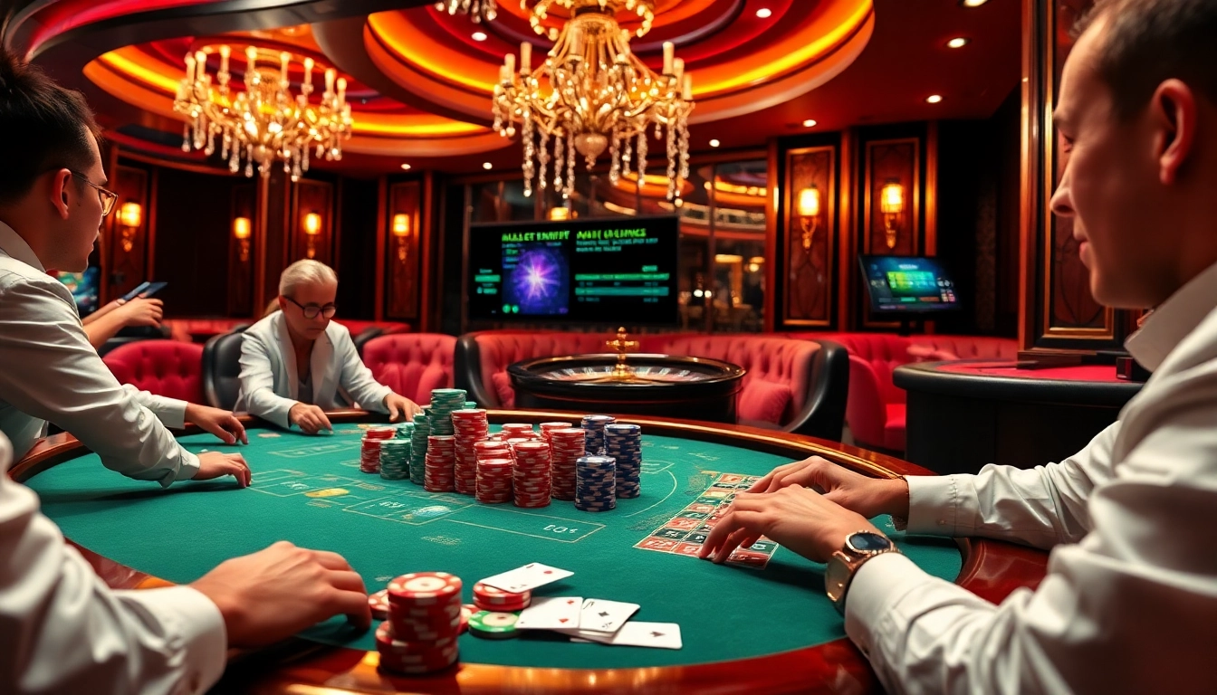Experience the thrill of winning at https://qq88.social/ with a vibrant casino scene showcasing poker action and a roulette wheel.