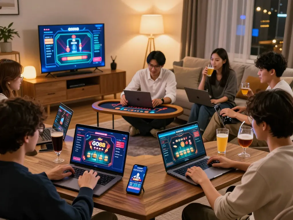 Players enjoying GO88 online casino gaming on laptops and smartphones in a cozy home setup.