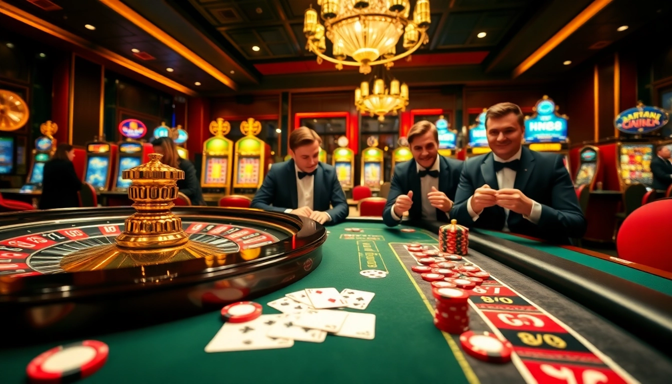 Players strategically placing bets at the HM88 casino table, surrounded by vibrant poker chips and cards.