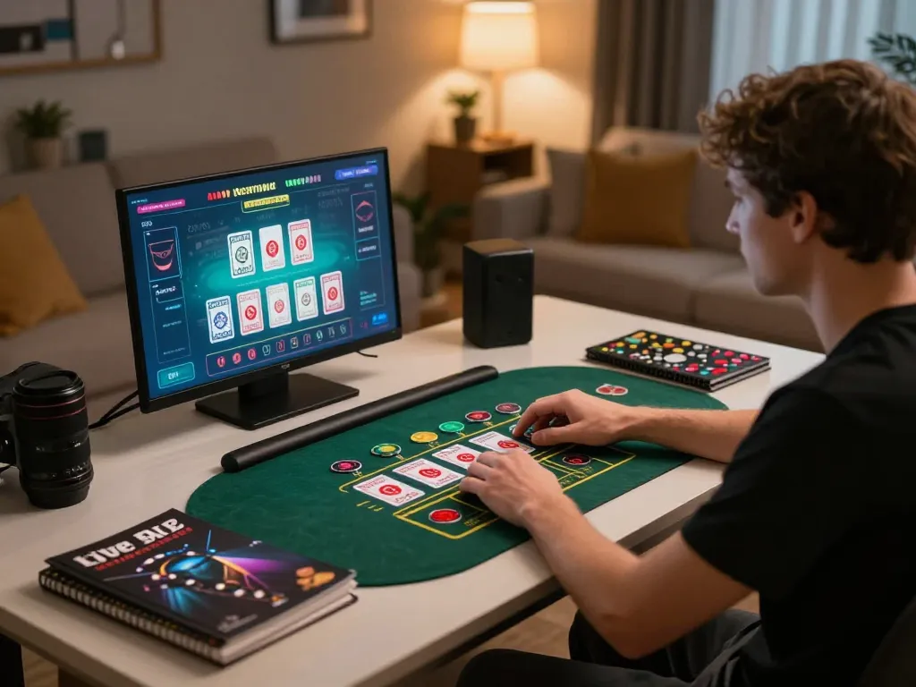 KJC online casino gaming session at home, player focused on laptop with live dealer game interface.