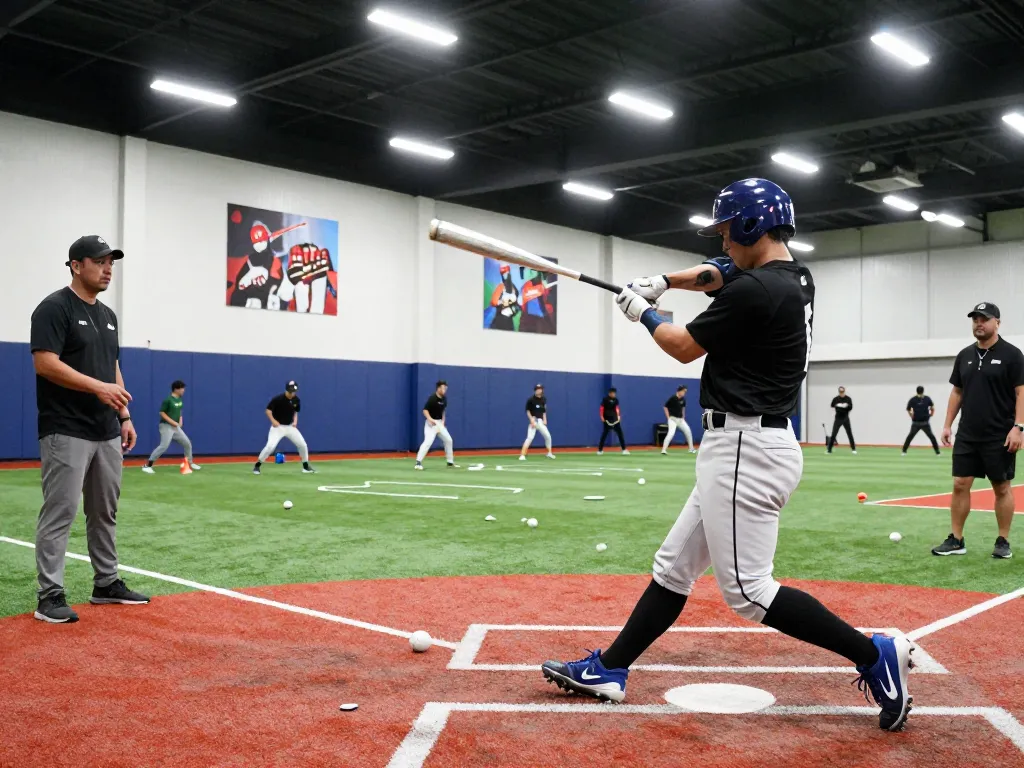 Intense baseball training session at hitclub with athletes practicing batting skills in a professional indoor facility.
