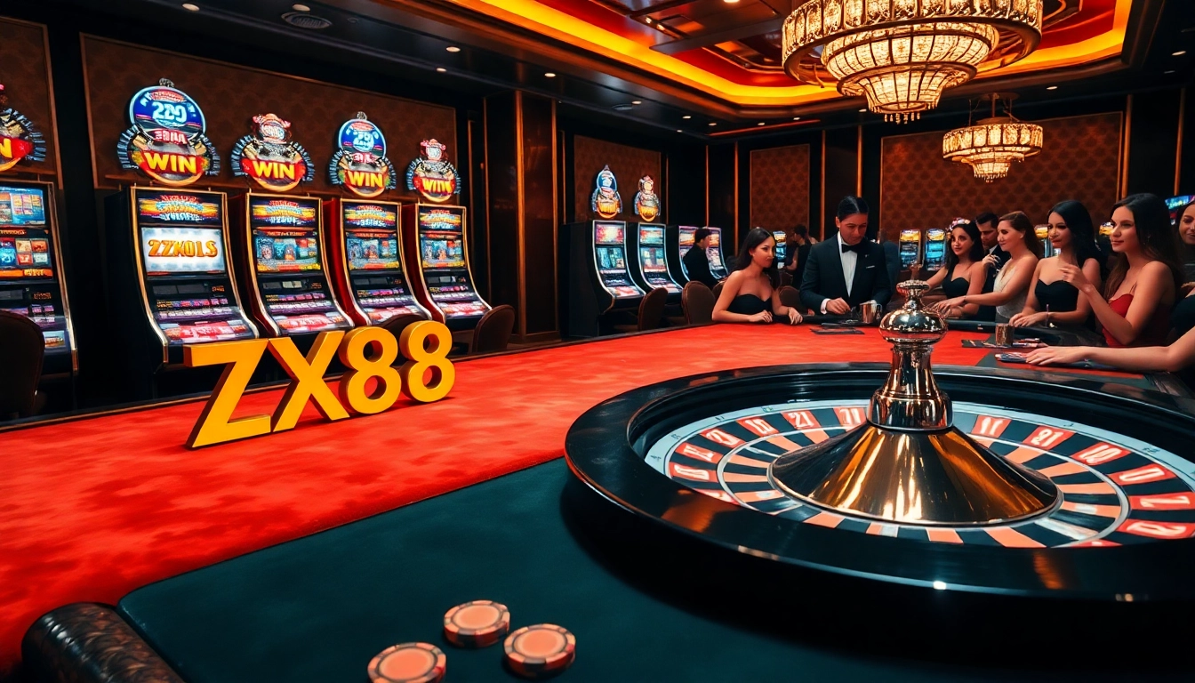 Excited players aiming for ZX88 WIN at a luxurious casino gaming table surrounded by vibrant slot machines.