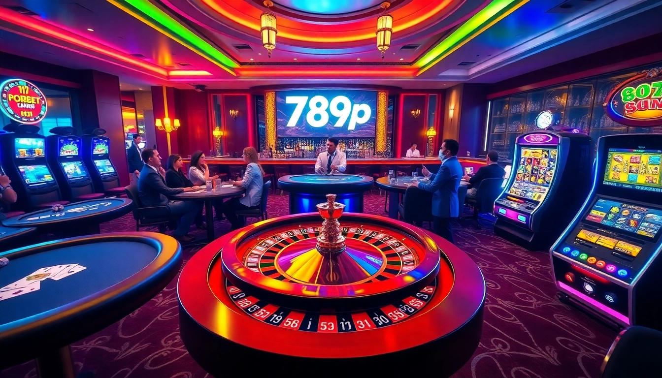 Players celebrating a win at 789p's elegant casino table with roulette wheel and poker chips.