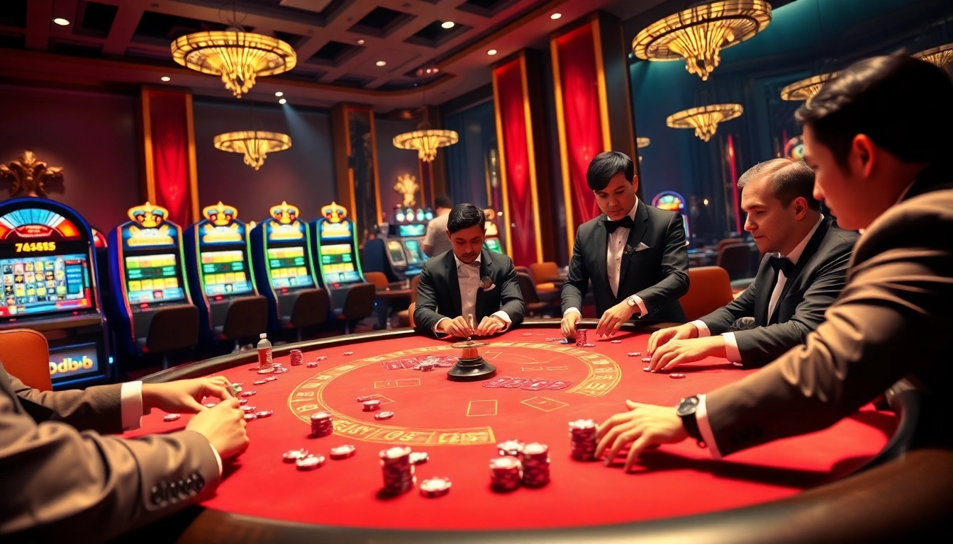 Players strategizing at a luxurious poker table in a vibrant casino scene featuring dh88 elements.